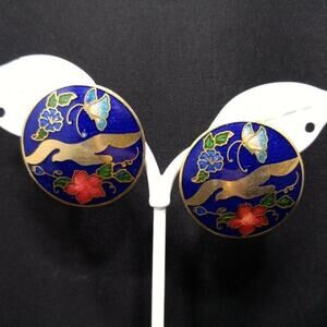 Cloisonne Golden Brass Blue Enamel Post Earrings, Floral Butterfly Design, 1980s